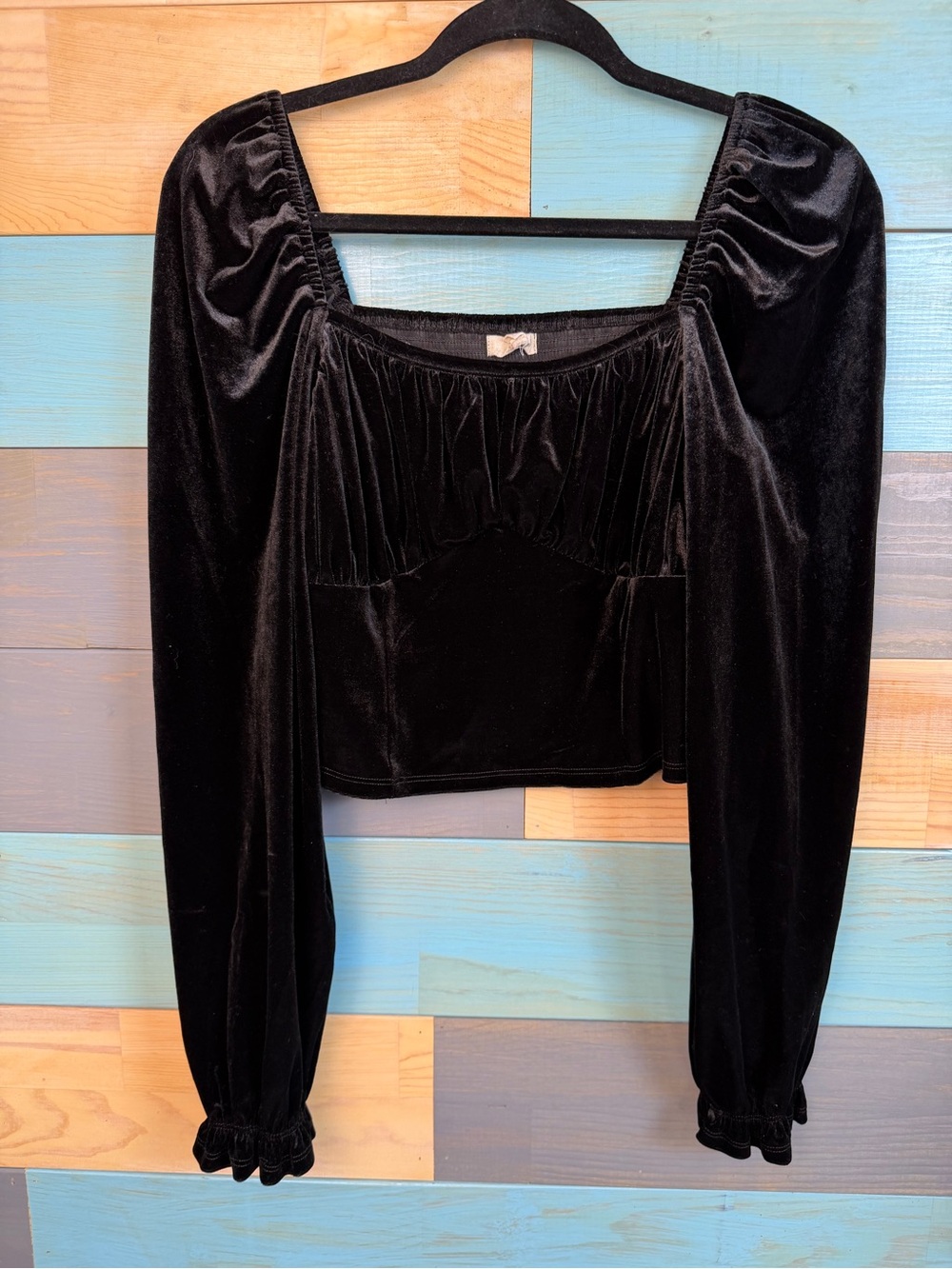 Chelsea & Violet Black Velvet Square-Neck Crop Top Puff Shoulders Smocked Back